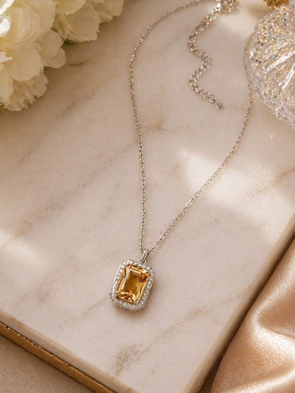 925 Silver Champagne Moissanite Pendant Necklace 3ct Emerald Cut